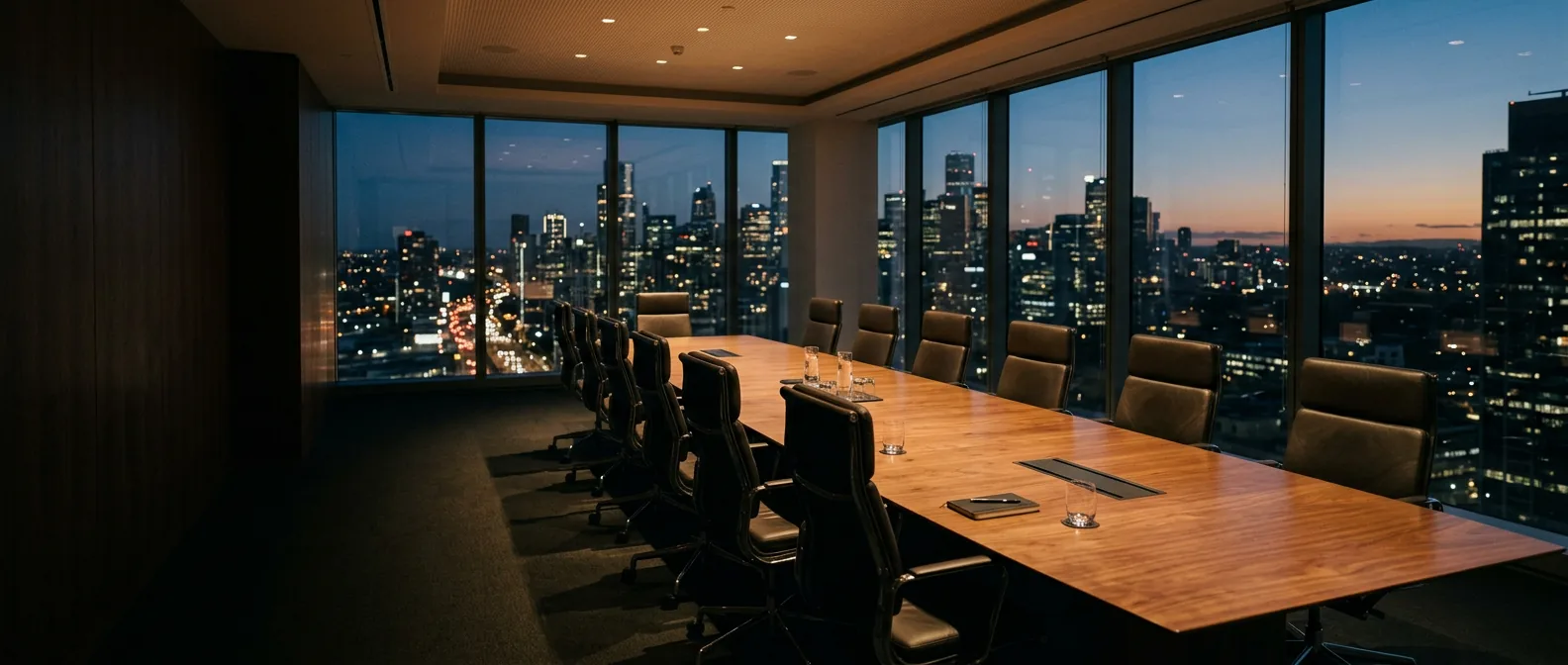 A boardroom at dusk